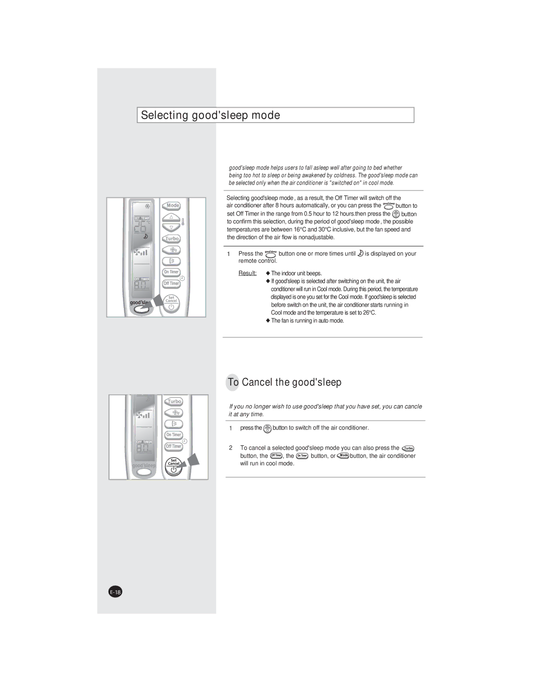 Samsung AQ07XAXSEU, AQ09XANSER, AQ07XANSEU, AQ07XANSER, AQ07XAXSER manual Selecting goodsleep mode, To Cancel the goodsleep 