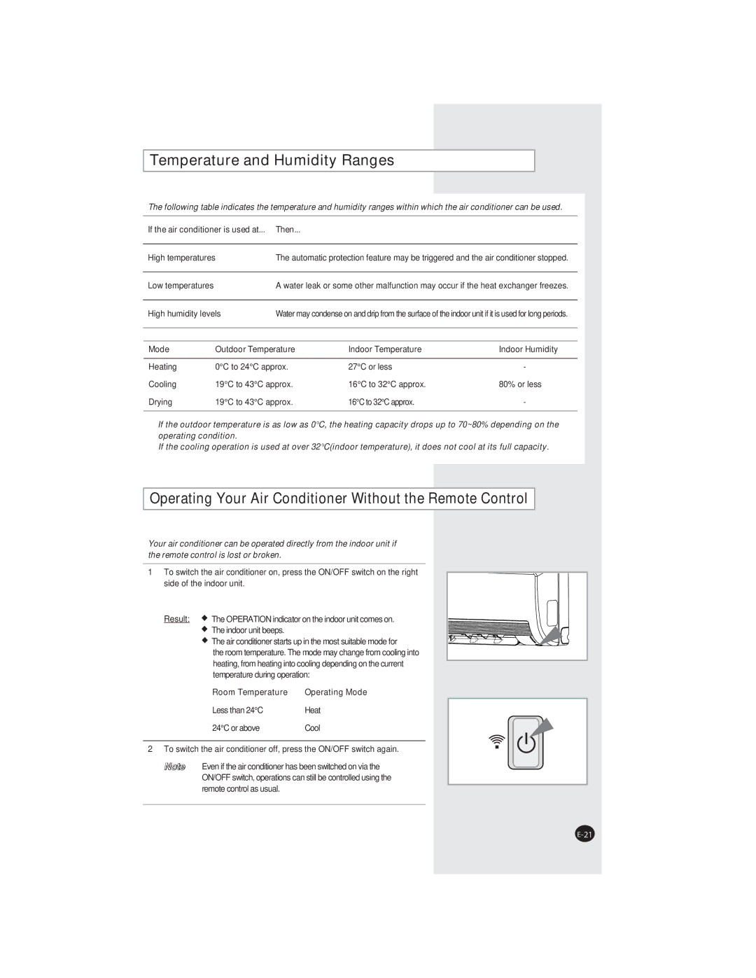 Samsung AQ07XANSER, AQ07XAXSEU Temperature and Humidity Ranges, Operating Your Air Conditioner Without the Remote Control 