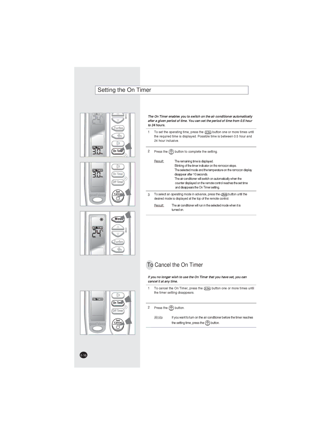 Samsung AQ07XLXSER, AQ07XLNSER, AQ09XLNSER, AQ09XLXSER manual Setting the On Timer, To Cancel the On Timer 