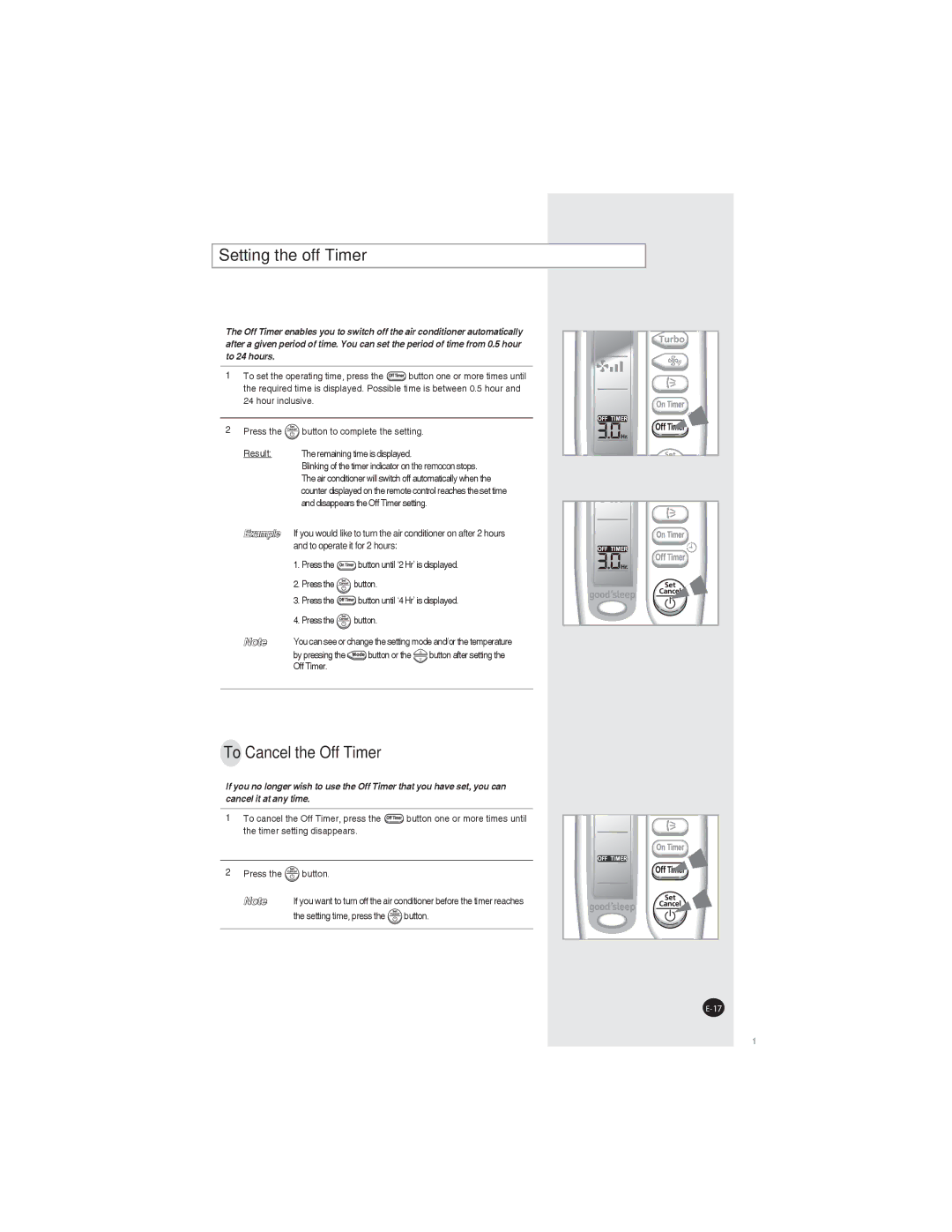 Samsung AQ07XLNSER, AQ07XLXSER, AQ09XLNSER, AQ09XLXSER manual Setting the off Timer, To Cancel the Off Timer 