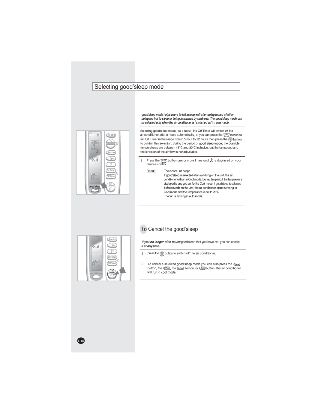 Samsung AQ09XLNSER, AQ07XLXSER, AQ07XLNSER, AQ09XLXSER manual Selecting goodsleep mode, To Cancel the goodsleep 