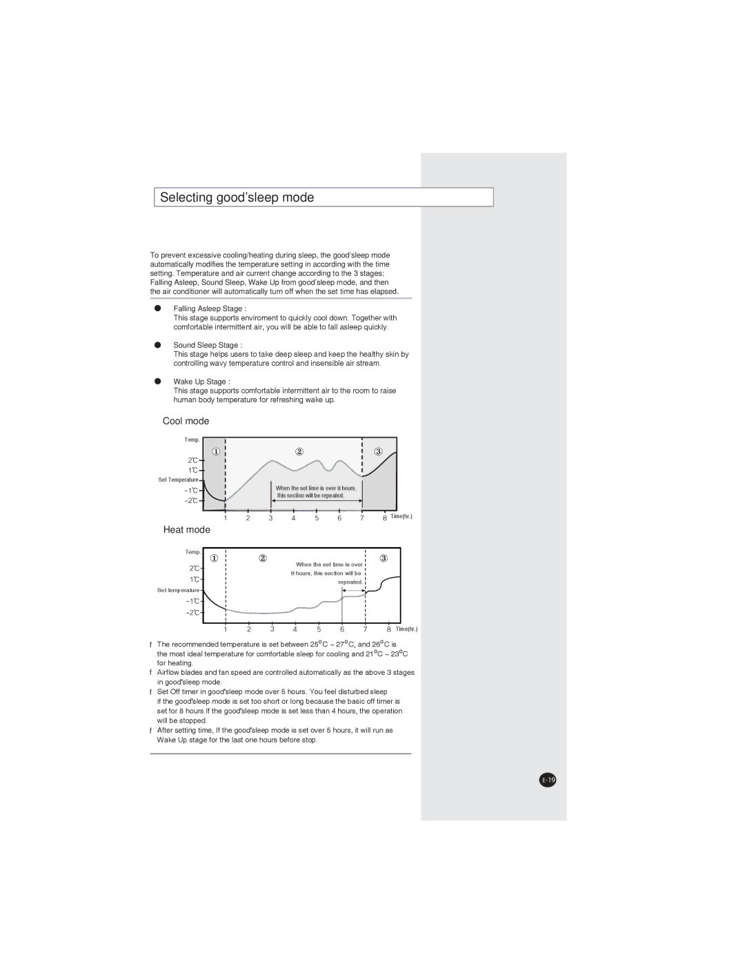 Samsung AQ09XLXSER, AQ07XLXSER, AQ07XLNSER, AQ09XLNSER manual Selecting goodsleep mode, Sound Sleep Stage 