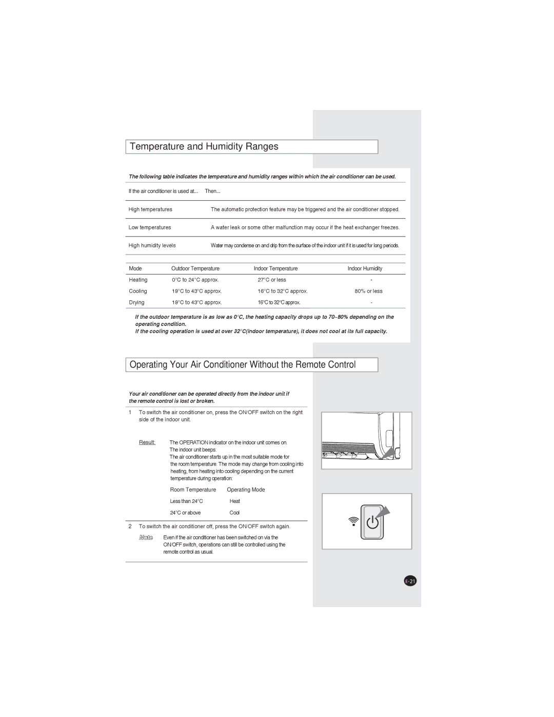 Samsung AQ07XLNSER, AQ07XLXSER Temperature and Humidity Ranges, Operating Your Air Conditioner Without the Remote Control 