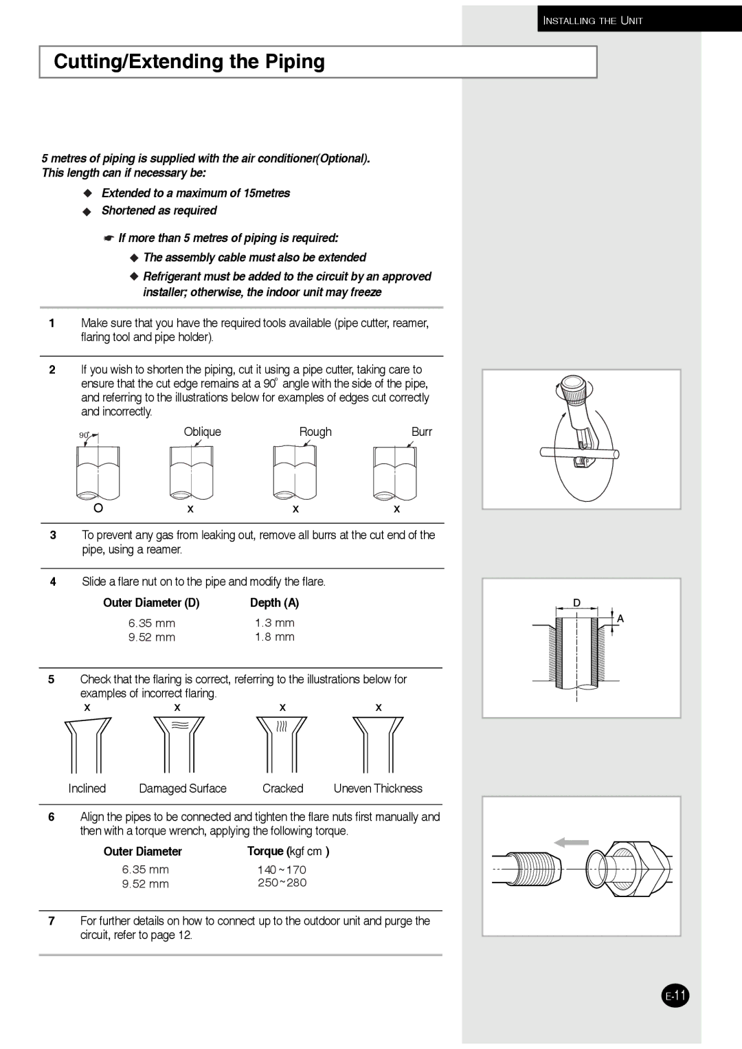 Samsung AQ09XLXSER, AQ07XLXSER, AQ07XLNSER, AQ09XLNSER manual Cutting/Extending the Piping, Outer Diameter Torque kgfcm 