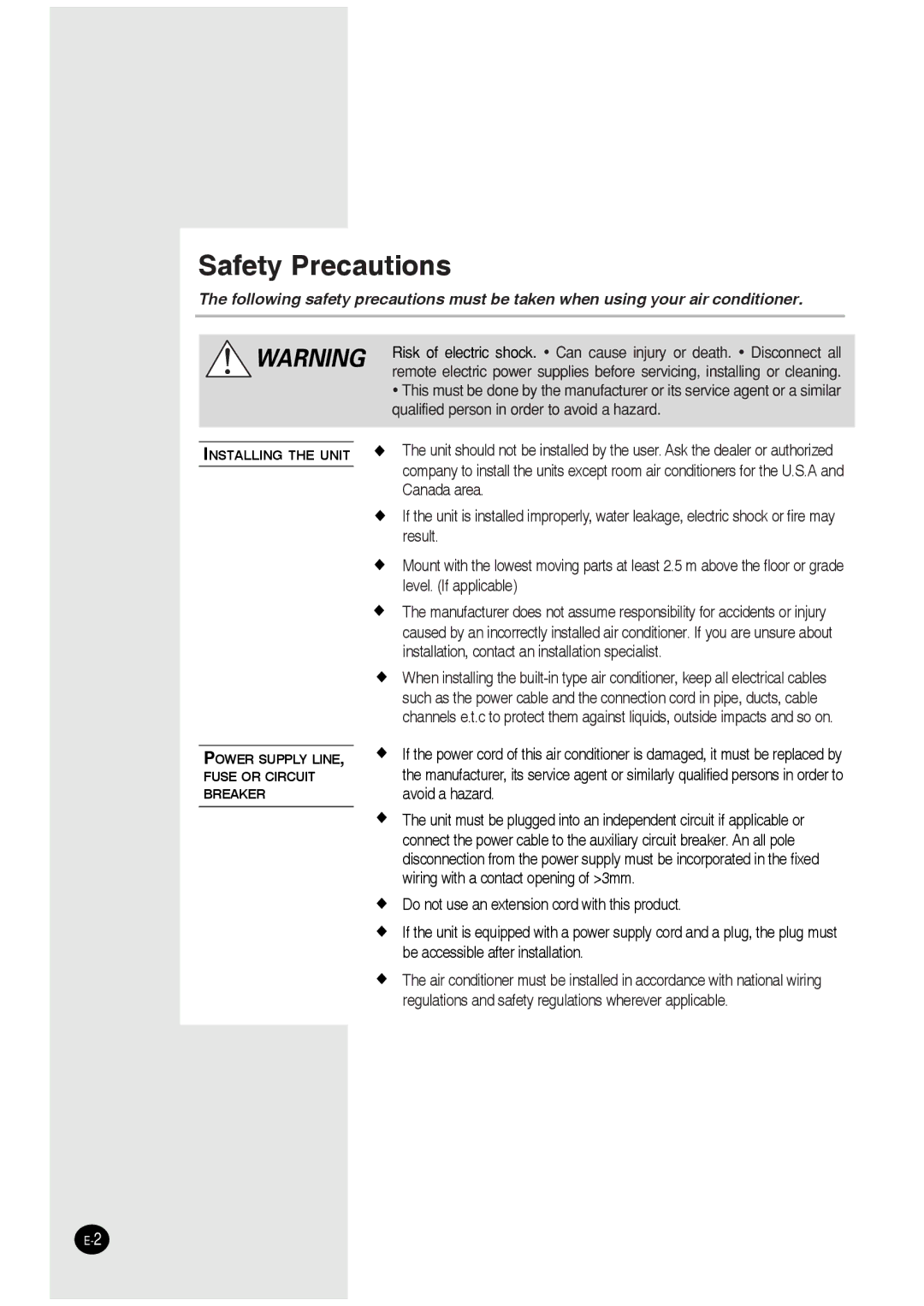 Samsung AQ09XLNSER, AQ07XLXSER, AQ07XLNSER, AQ09XLXSER manual Safety Precautions 