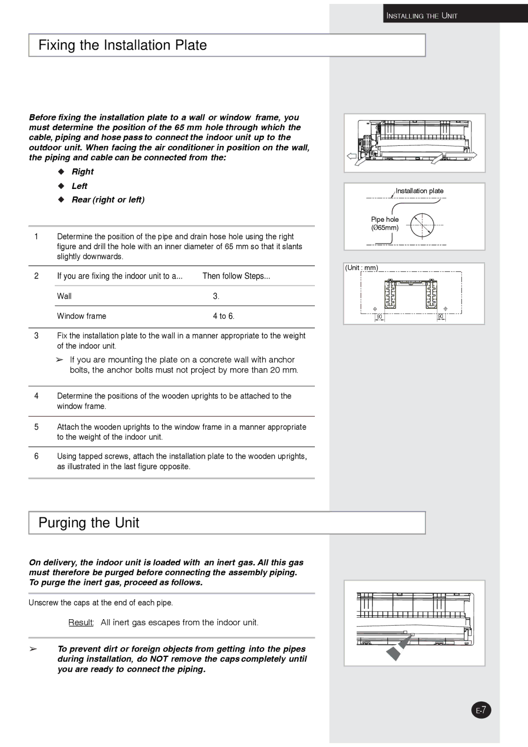 Samsung AQ09XLXSER, AQ07XLXSER manual Fixing the Installation Plate, Purging the Unit, Then follow Steps, Wall Window frame 