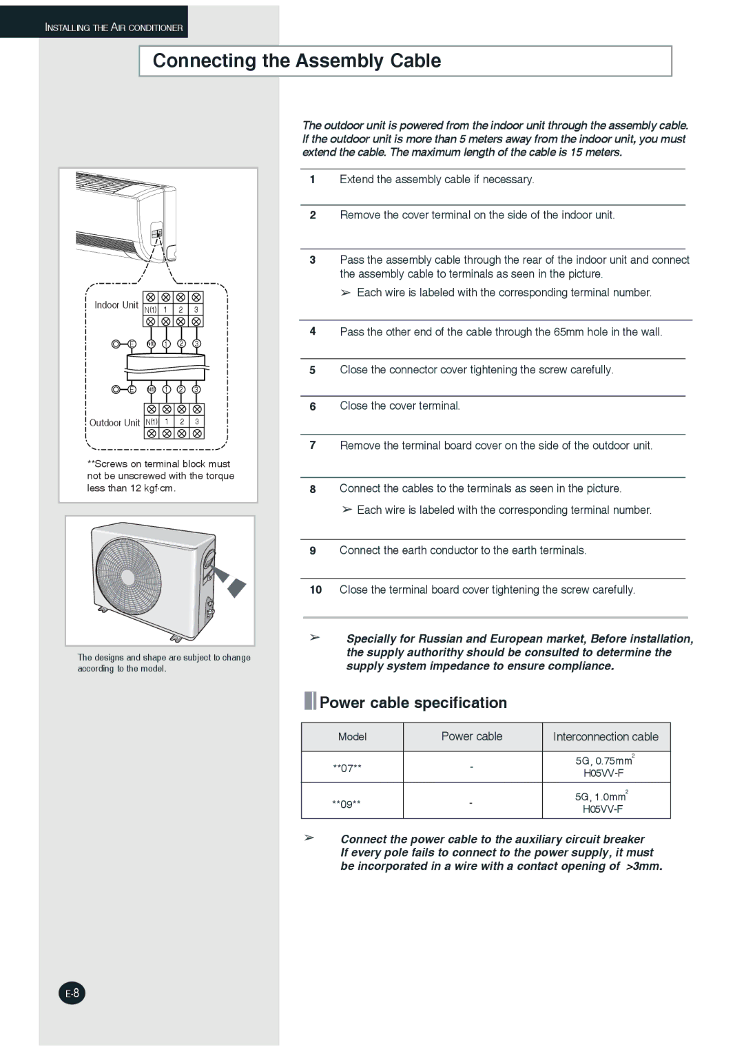 Samsung AQ07XLXSER, AQ07XLNSER, AQ09XLNSER, AQ09XLXSER manual Connecting the Assembly Cable 