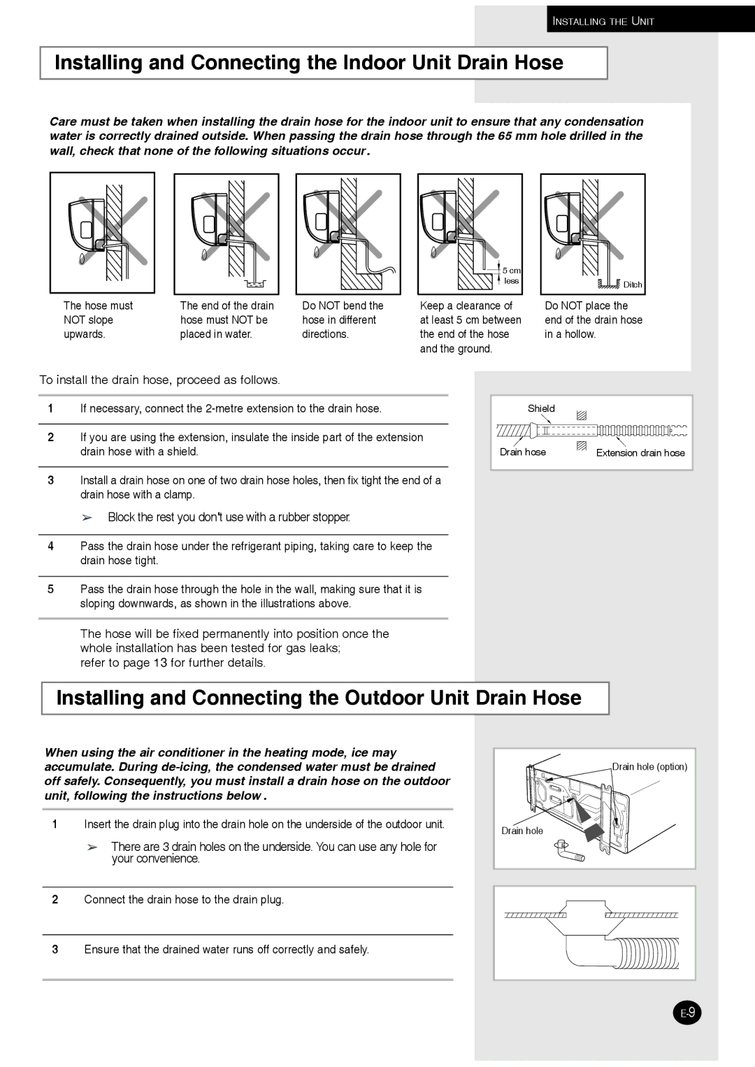 Samsung AQ07XLNSER, AQ07XLXSER, AQ09XLNSER, AQ09XLXSER manual Installing and Connecting the Indoor Unit Drain Hose 