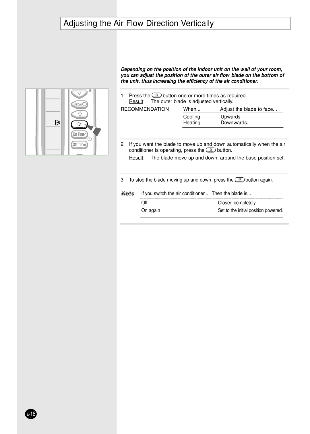 Samsung AQ09A5(6)MAF manuel dutilisation Adjusting the Air Flow Direction Vertically, Recommendation 