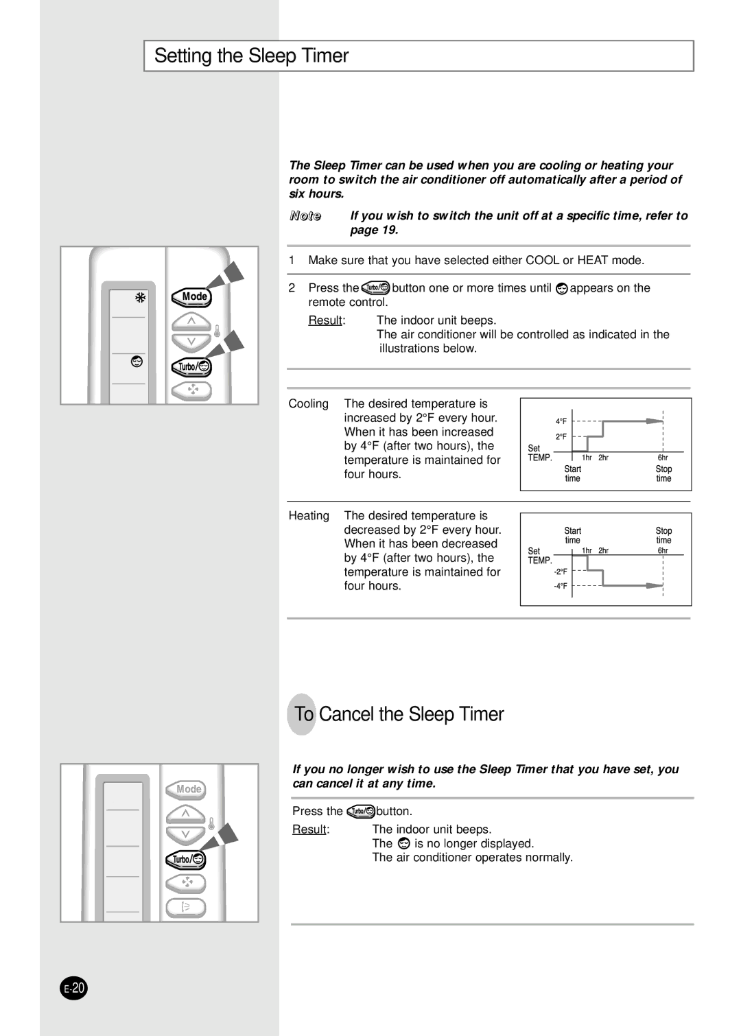 Samsung AQ09A5(6)MAF manuel dutilisation Setting the Sleep Timer, To Cancel the Sleep Timer 