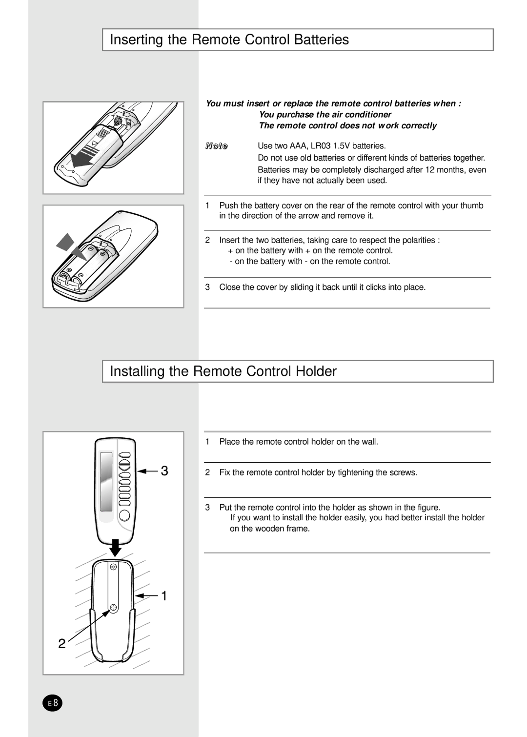 Samsung AQ09A5(6)MAF manuel dutilisation Inserting the Remote Control Batteries, Installing the Remote Control Holder 