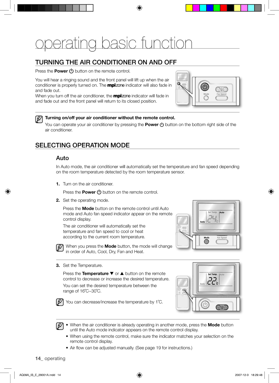 Samsung AQ09AWAAFR manual Operating basic function, Turning the AIR Conditioner on and OFF, Selecting Operation Mode, Auto 