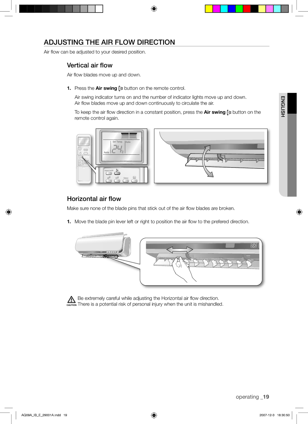 Samsung AQ12ASAXSER, AQ09AWANSER, AQ09AWAAFR manual Adjusting the AIR Flow Direction, Vertical air flow, Horizontal air flow 