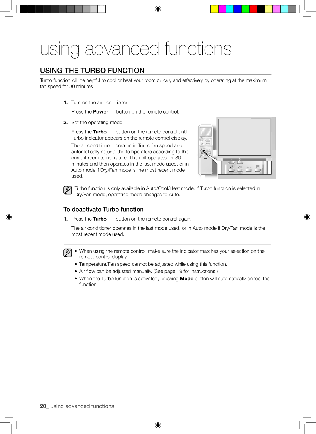 Samsung AQ24AWANSER, AQ09AWANSER manual Using advanced functions, Using the Turbo Function, To deactivate Turbo function 