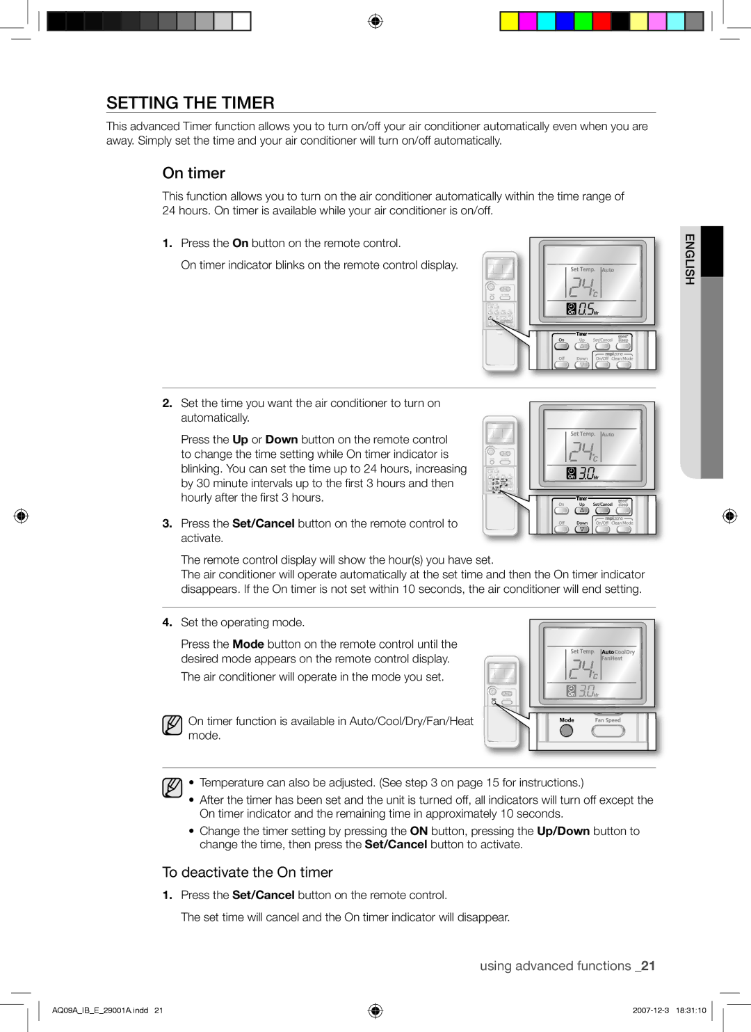 Samsung AQ24AWAXSER, AQ09AWANSER, AQ09AWAAFR, AQ12AWAXSER, AQ12AWAAFR manual Setting the Timer, To deactivate the On timer 