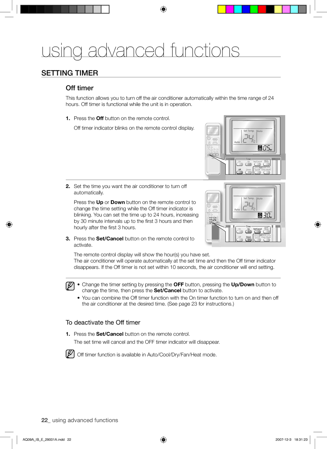 Samsung AQ09ASAXSER, AQ09AWANSER, AQ09AWAAFR, AQ12AWAXSER, AQ12AWAAFR manual Setting Timer, To deactivate the Off timer 