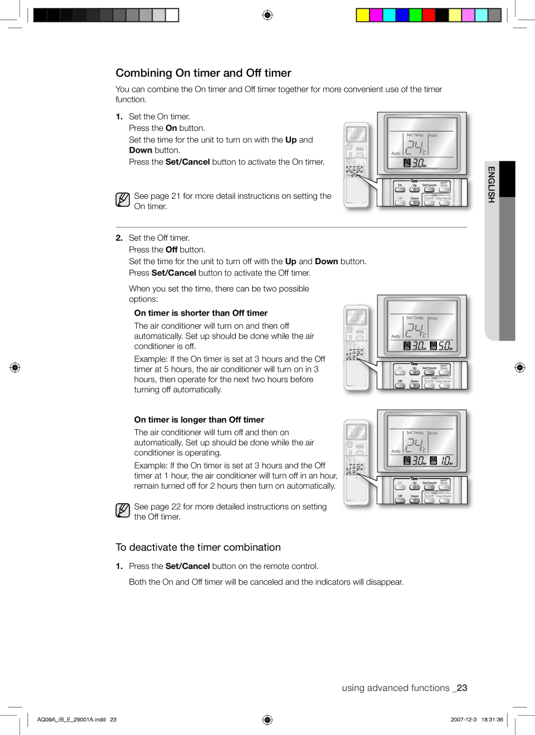 Samsung AQ12ASANSER, AQ09AWANSER, AQ09AWAAFR manual Combining On timer and Off timer, To deactivate the timer combination 