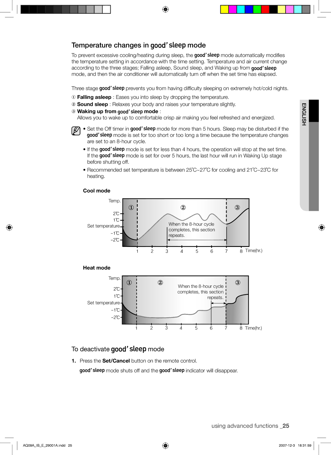 Samsung AQ09AWANSER, AQ09AWAAFR, AQ12AWAXSER, AQ12AWAAFR, AQ12AWANSER manual Temperature changes in mode, To deactivate mode 