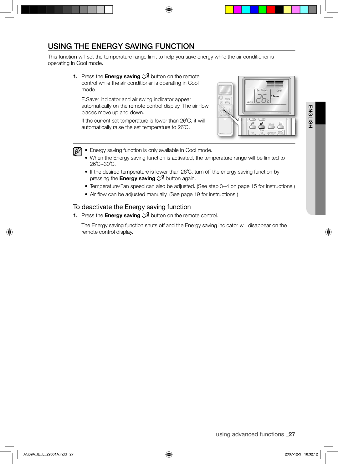 Samsung AQ12AWAXSER, AQ09AWANSER, AQ09AWAAFR Using the Energy Saving Function, To deactivate the Energy saving function 