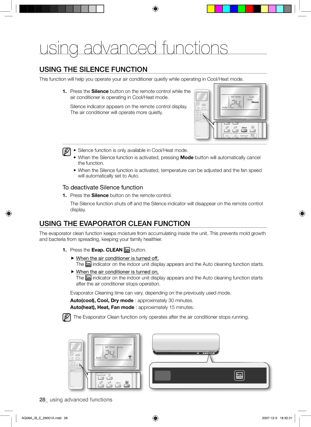 Samsung AQ12AWAAFR manual Using the Silence Function, Using the Evaporator Clean Function, To deactivate Silence function 