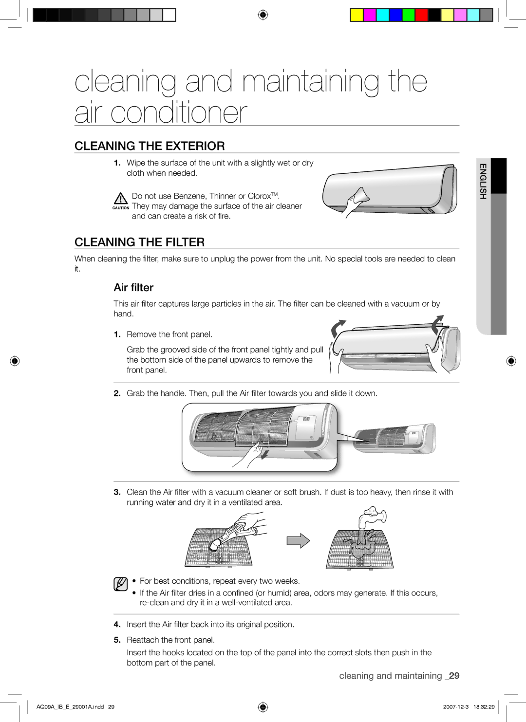 Samsung AQ12AWANSER Cleaning and maintaining the air conditioner, Cleaning the Exterior, Cleaning the Filter, Air filter 