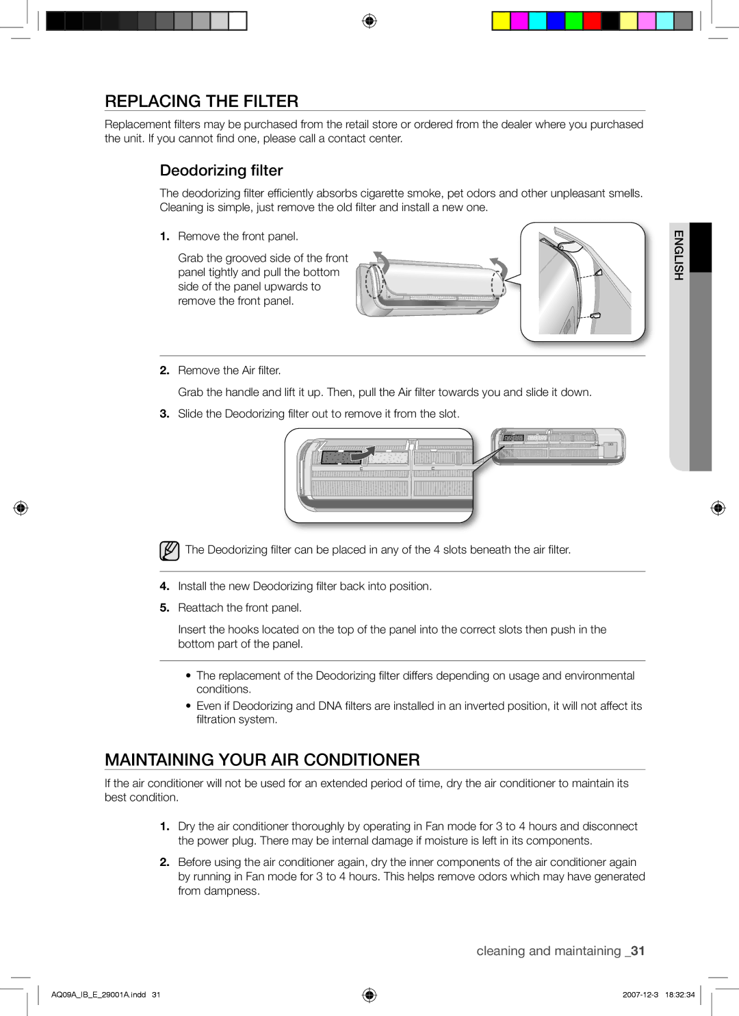 Samsung AQ12ASAXSER, AQ09AWANSER, AQ09AWAAFR Replacing the Filter, Maintaining Your AIR Conditioner, Deodorizing filter 