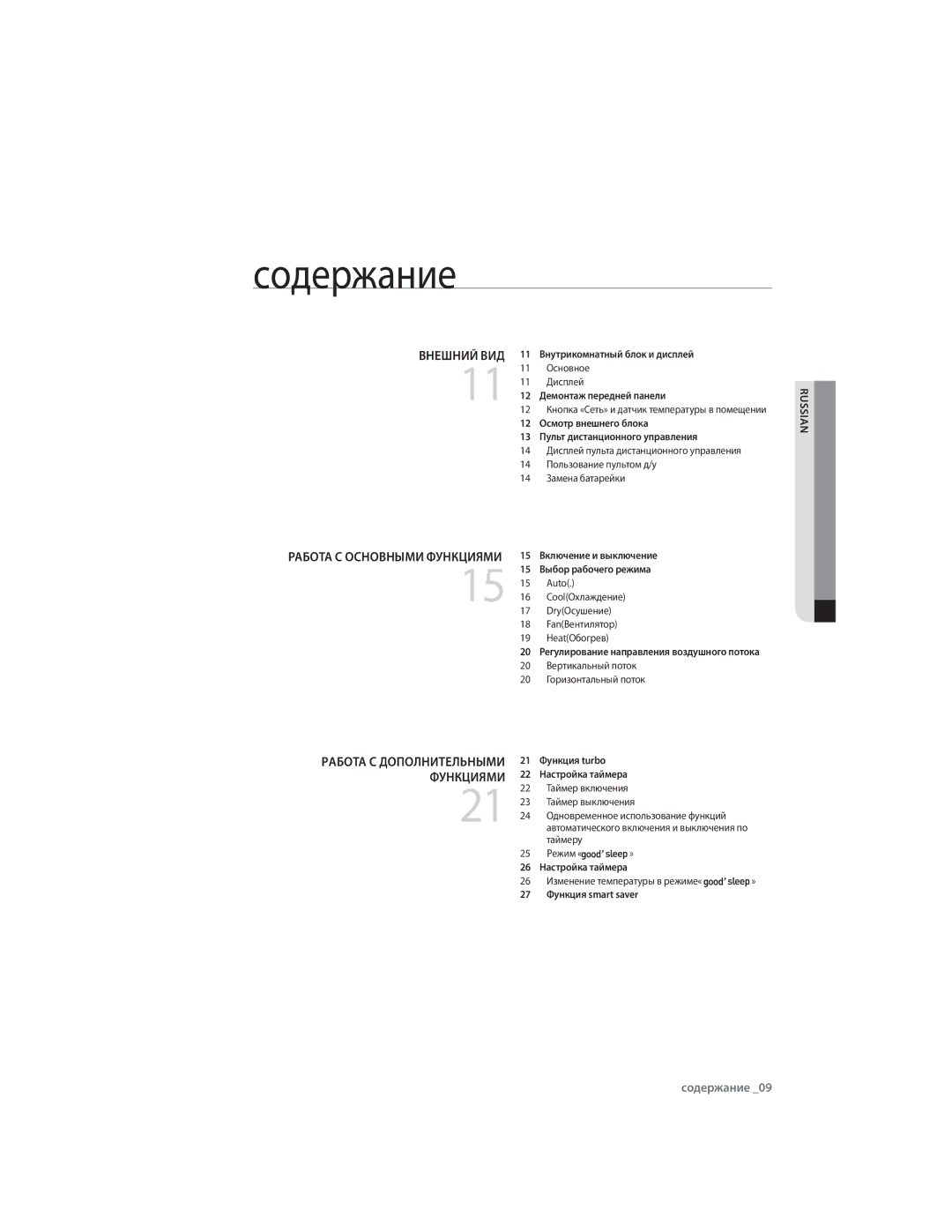 Samsung AQ07CLNSER, AQ09CLXSER, AQ12ULXSER manual Cодержание, 12 Осмотр внешнего блока 13 Пульт дистанционного управления 