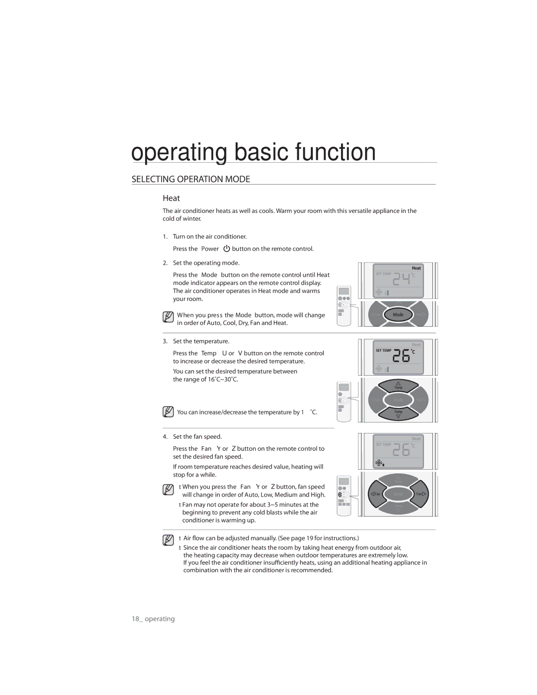 Samsung AQ12ULNSER, AQ09CLXSER, AQ12ULXSER, AQ07CMXSER, AQ07RMXSER, AQ09RLNSER, AQ09RLXSER, AQ07CMNSER, AQ07RLXSER manual Heat 