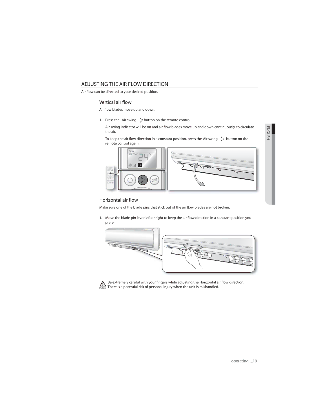 Samsung AQ09RLNSER, AQ09CLXSER, AQ12ULXSER, AQ07CMXSER, AQ07RMXSER, AQ12ULNSER, AQ09RLXSER Adjusting the AIR Flow Direction 