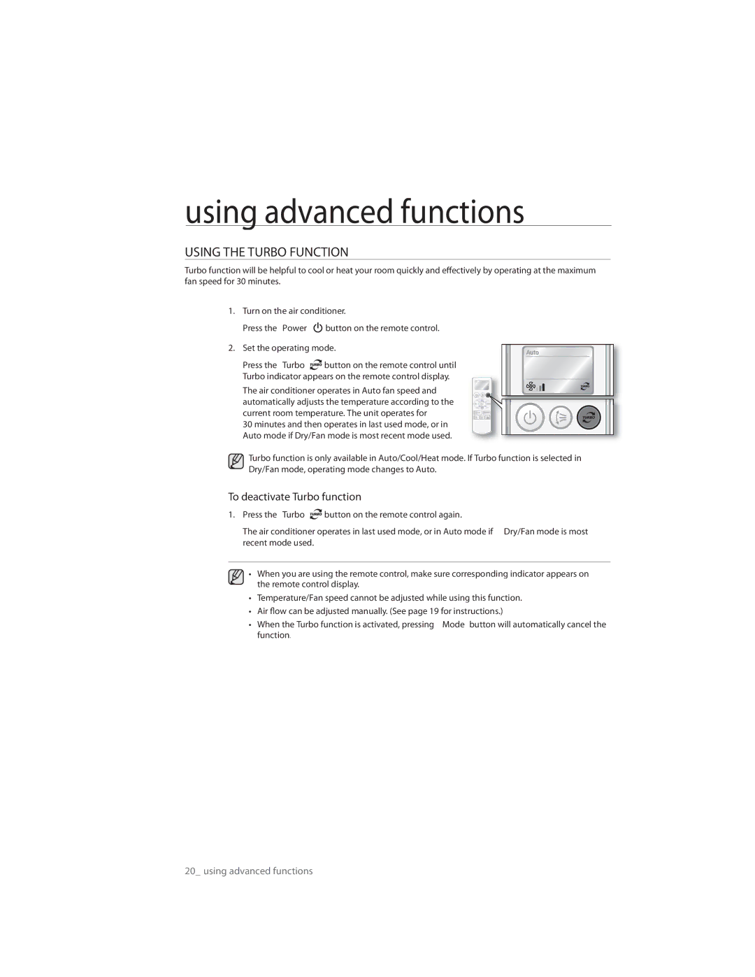 Samsung AQ09RLXSER, AQ09CLXSER, AQ12ULXSER Using advanced functions, Using the Turbo Function, To deactivate Turbo function 