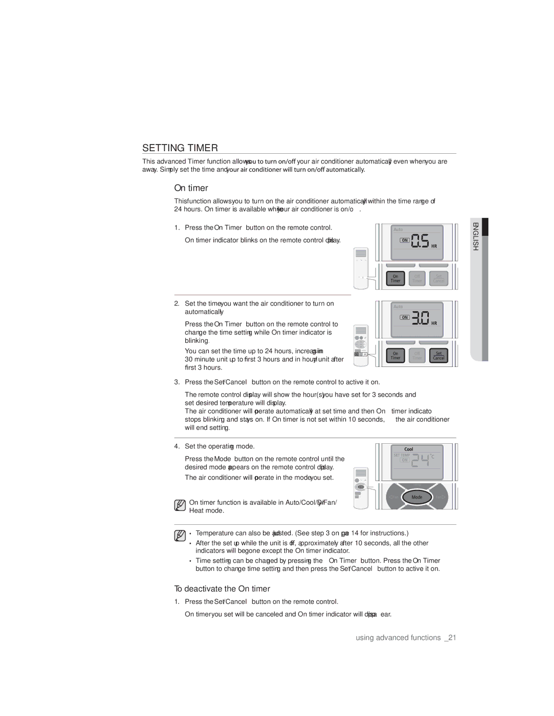 Samsung AQ07CMNSER, AQ09CLXSER, AQ12ULXSER, AQ07CMXSER, AQ07RMXSER, AQ12ULNSER, AQ09RLNSER, AQ09RLXSER, AQ07RLXSER Setting Timer 