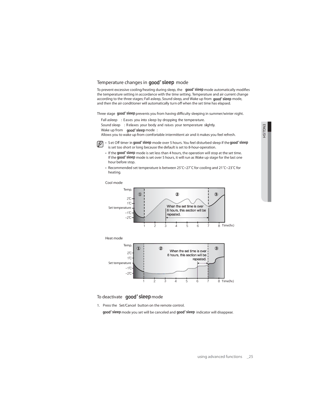 Samsung AQ07RMNSER, AQ09CLXSER manual Temperature changes Mode, To deactivate mode, Wake up from mode, Cool mode, Heat mode 