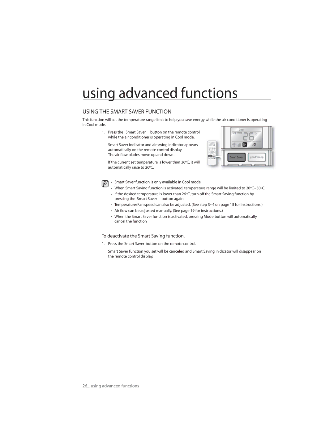 Samsung AQ07CLXSER, AQ09CLXSER, AQ12ULXSER manual Using the Smart Saver Function, To deactivate the Smart Saving function 