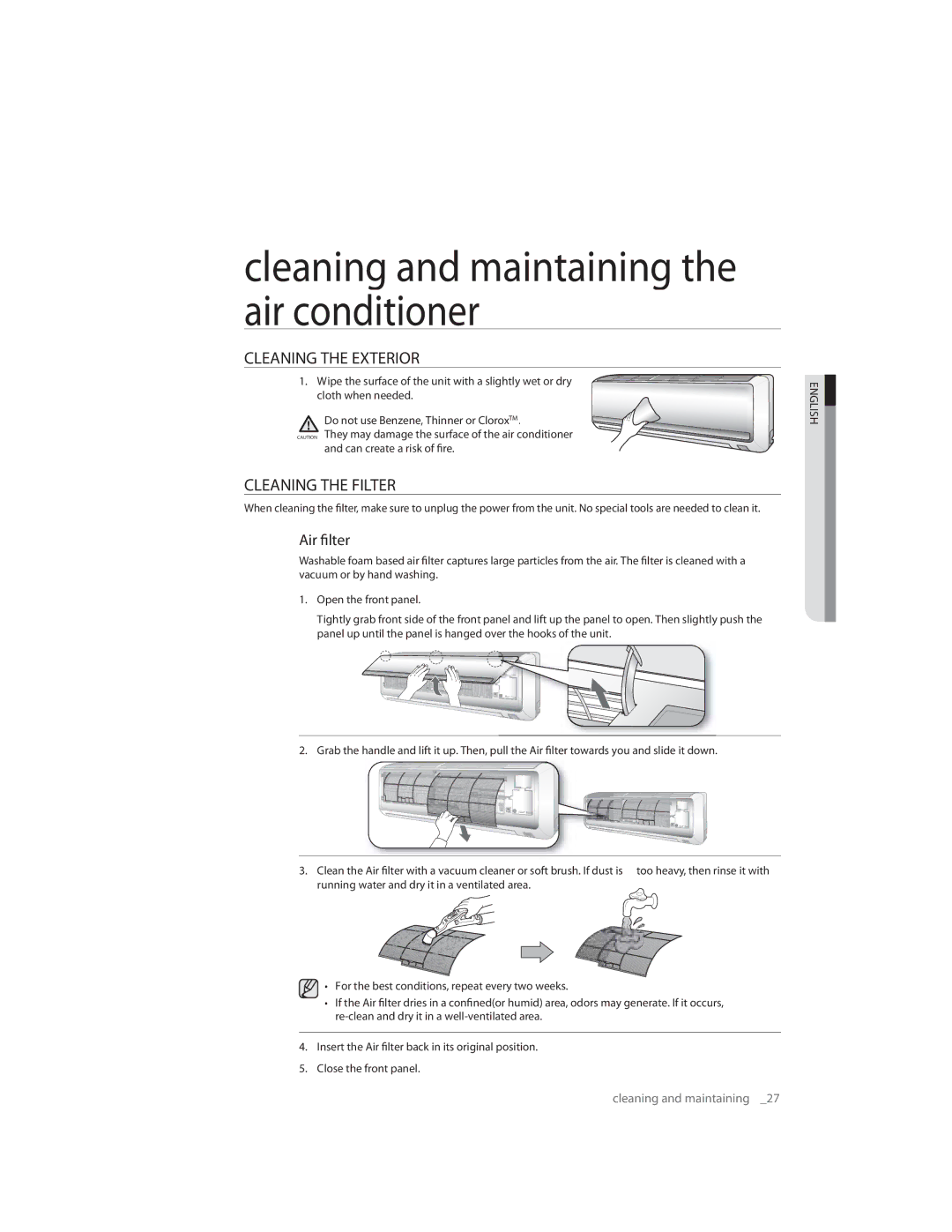 Samsung AQ09CLNSER Cleaning and maintaining the air conditioner, Cleaning the Exterior, Cleaning the Filter, Air filter 