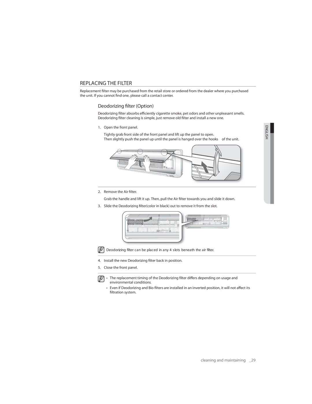 Samsung AQ12ULXSER, AQ09CLXSER, AQ07CMXSER, AQ07RMXSER, AQ12ULNSER, AQ09RLNSER Replacing the Filter, Deodorizing filter Option 