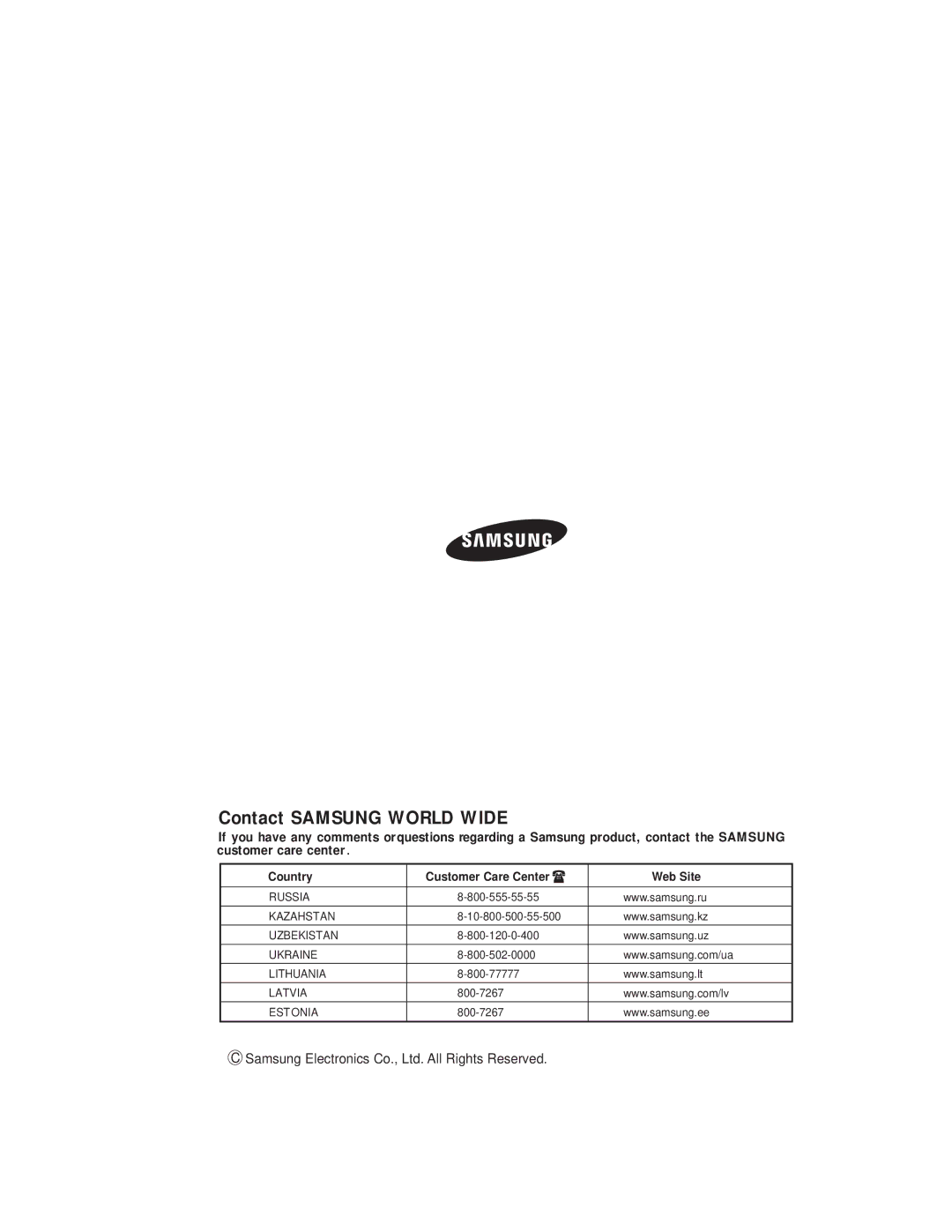 Samsung AQ09RLXSER, AQ09CLXSER, AQ12ULXSER, AQ07CMXSER Contact Samsung World Wide, Country Customer Care Center Web Site 