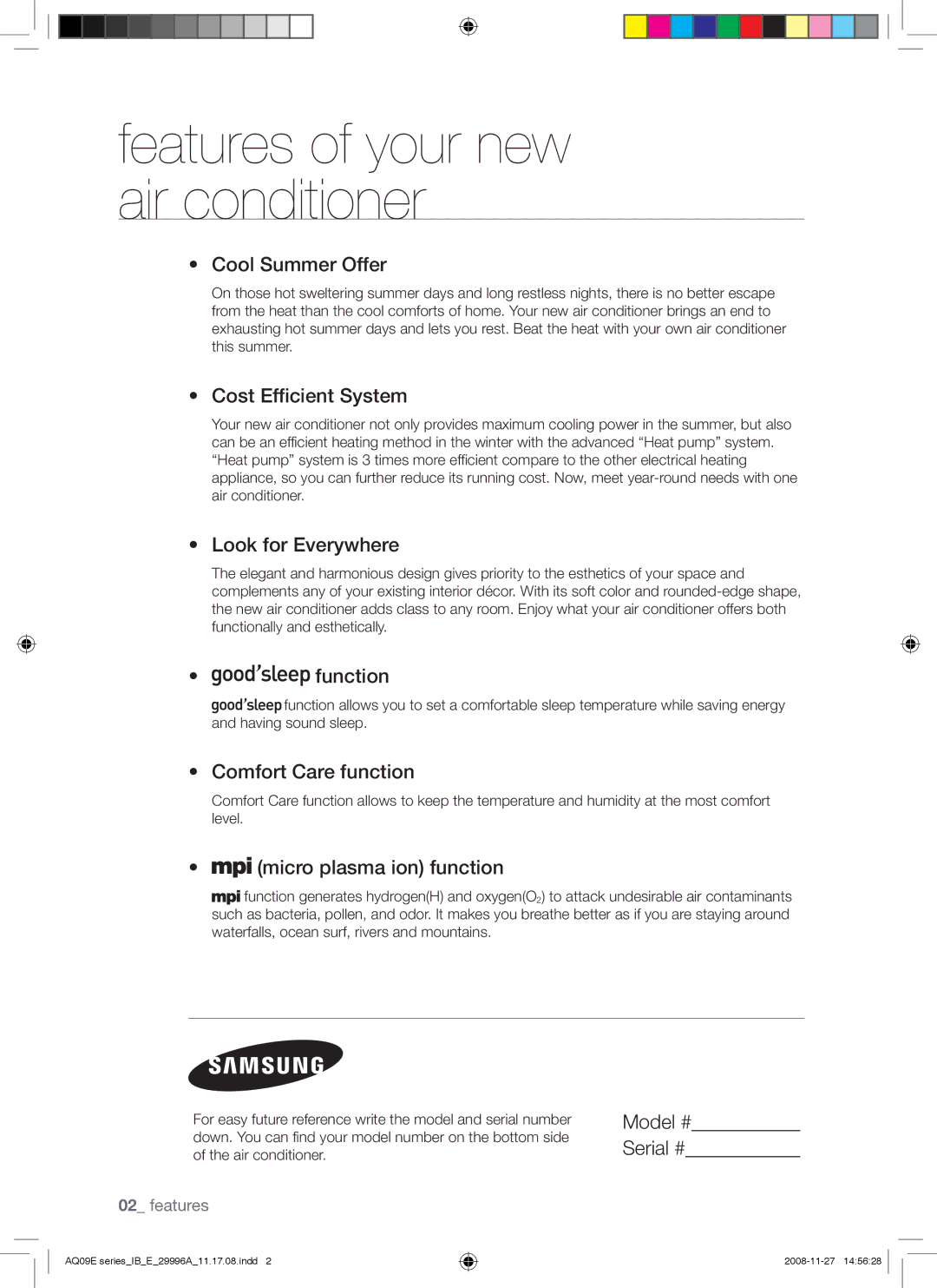 Samsung AQ09EWAX manual Cool Summer Offer, Cost Efficient System, Look for Everywhere, Function, Comfort Care function 