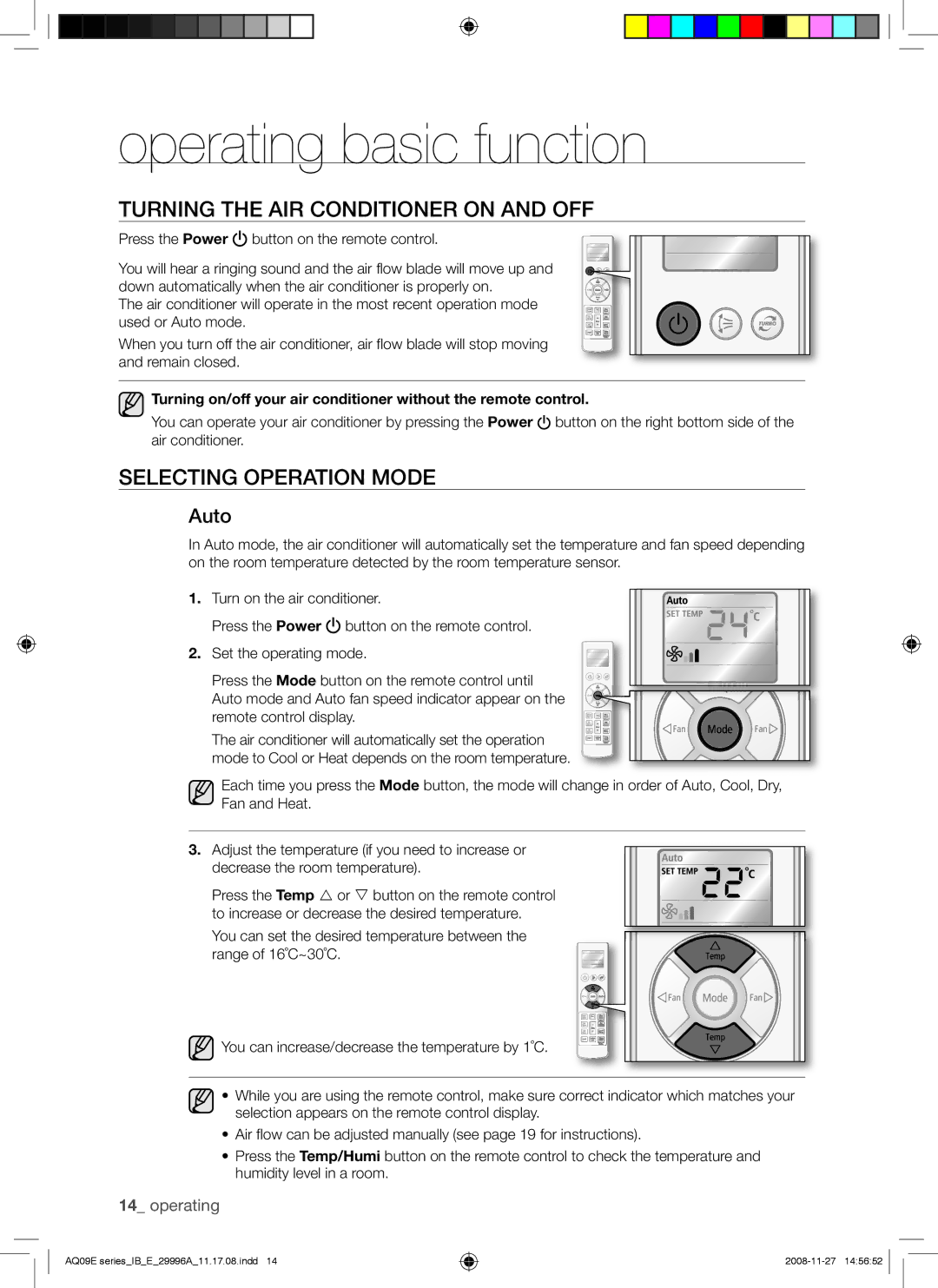 Samsung AQ09EWAX manual Operating basic function, Turning the AIR Conditioner on and OFF, Selecting Operation Mode, Auto 