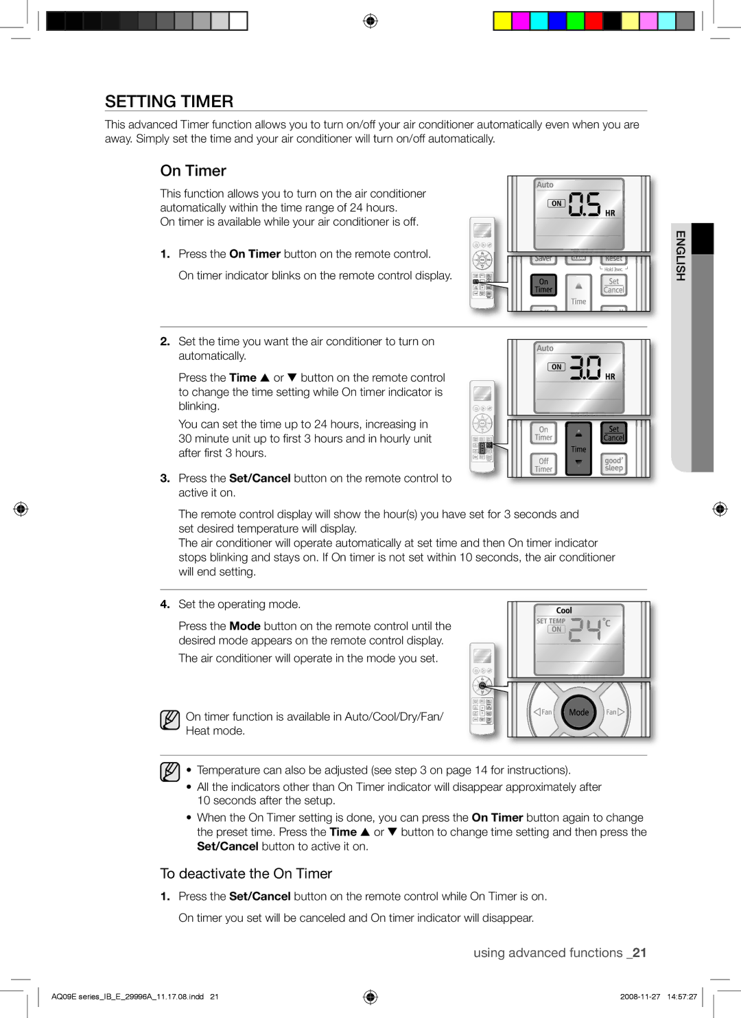 Samsung AQ09EWAN, AQ09EWAX, AQ12EWAX, AQ12EWAN manual Setting Timer, To deactivate the On Timer 