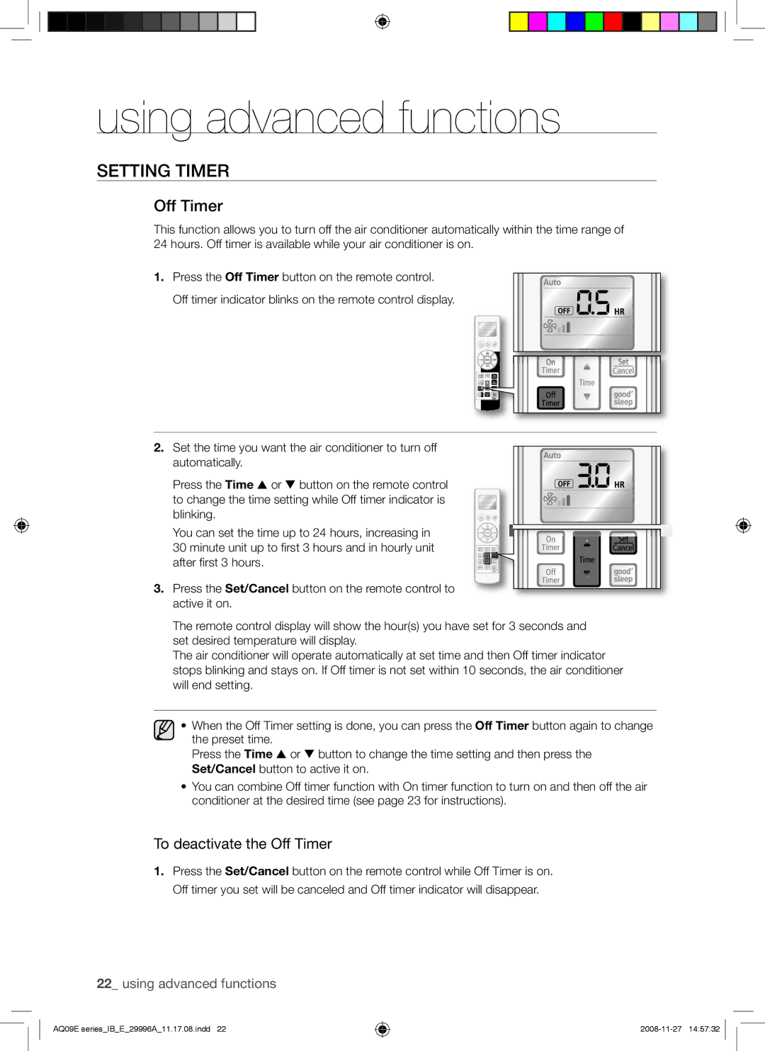 Samsung AQ09EWAX, AQ09EWAN, AQ12EWAX, AQ12EWAN manual To deactivate the Off Timer 