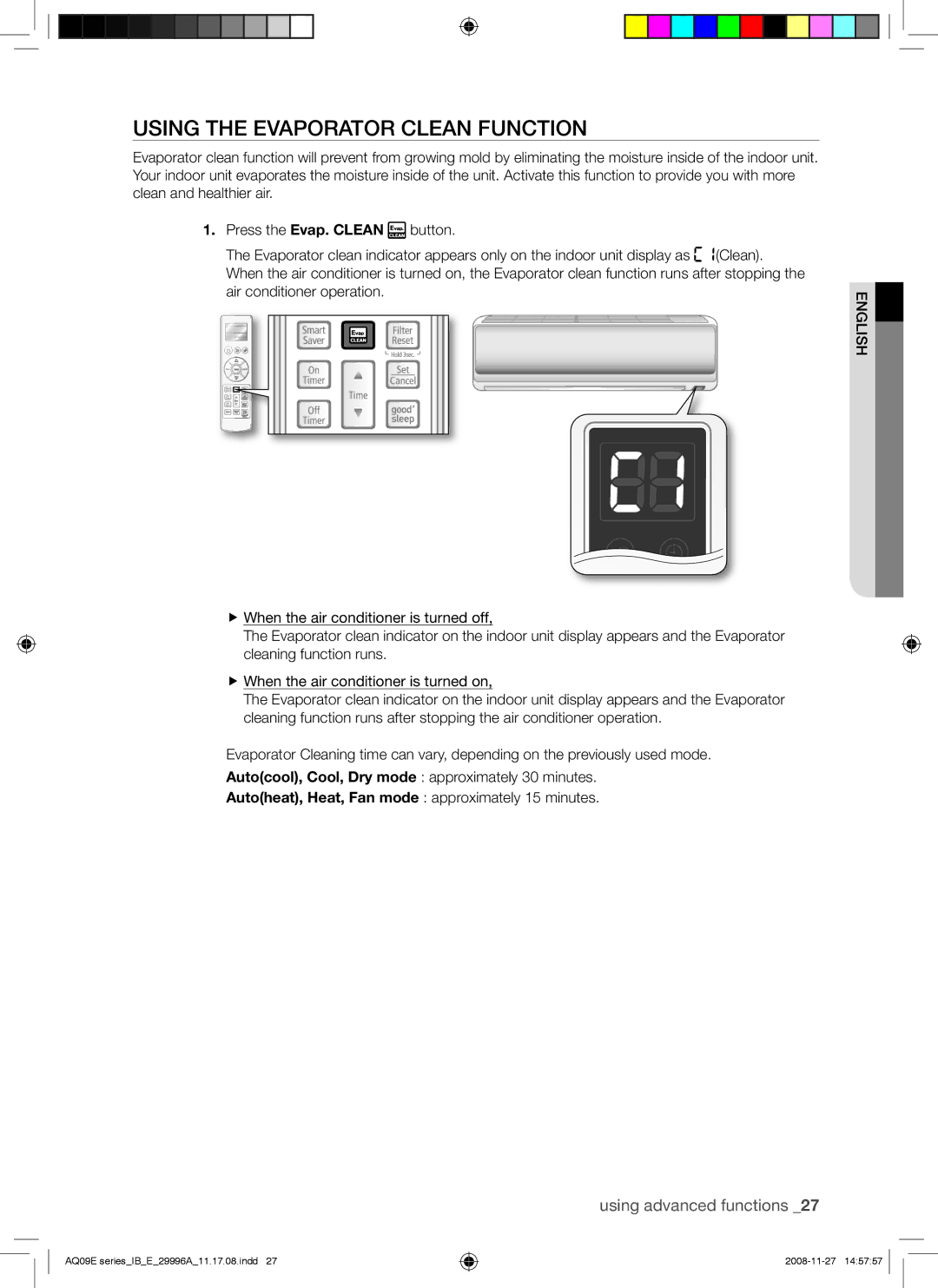 Samsung AQ12EWAX, AQ09EWAN, AQ09EWAX Using the Evaporator Clean Function, Autoheat, Heat, Fan mode approximately 15 minutes 