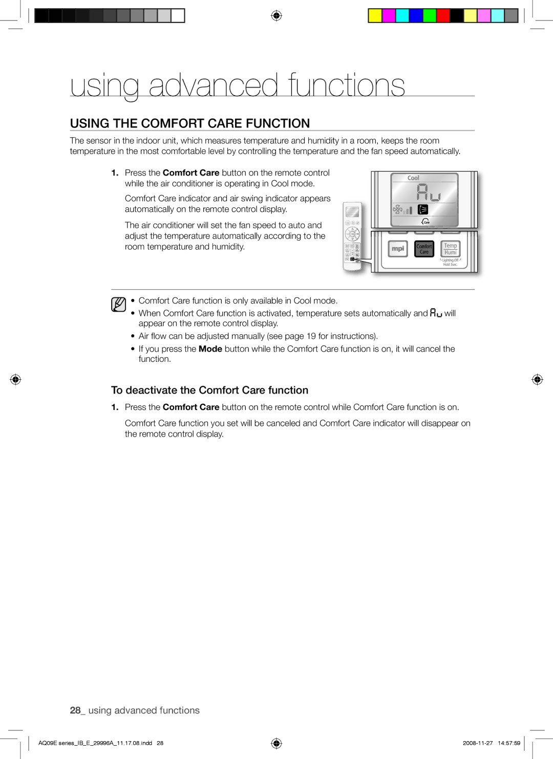 Samsung AQ12EWAN, AQ09EWAN, AQ09EWAX, AQ12EWAX manual Using the Comfort Care Function, To deactivate the Comfort Care function 