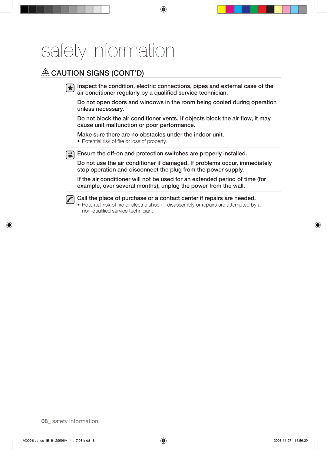 Samsung AQ12EWAN, AQ09EWAN, AQ09EWAX, AQ12EWAX manual Potential risk of fire or loss of property 