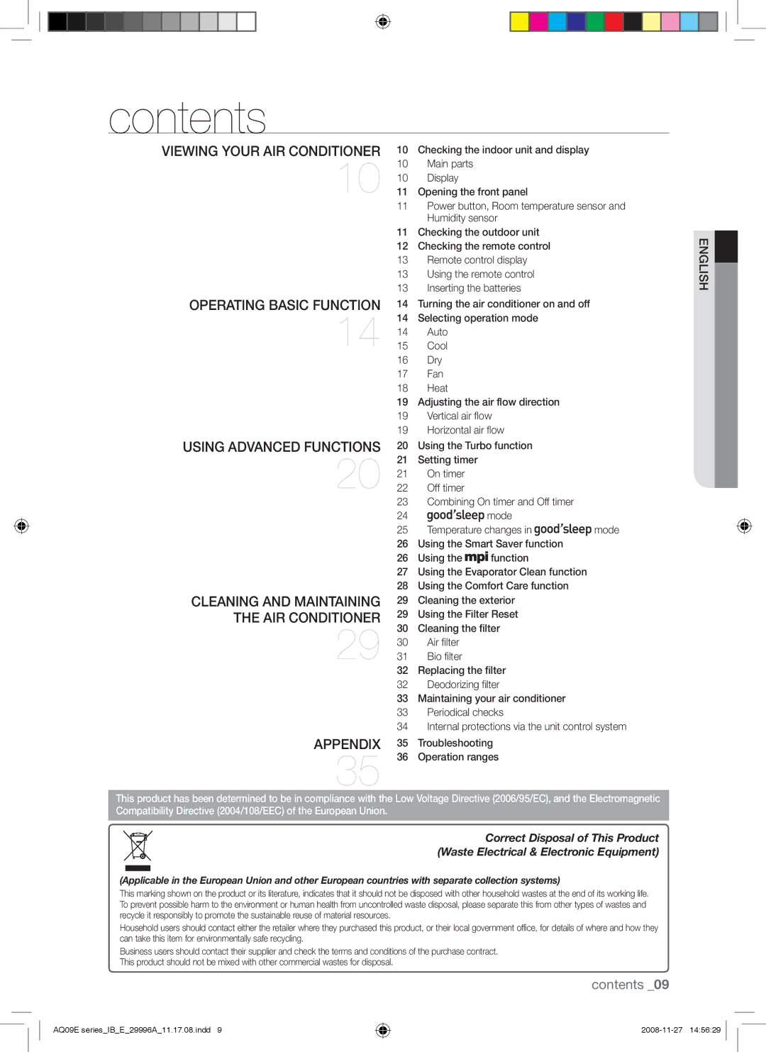 Samsung AQ09EWAN, AQ09EWAX, AQ12EWAX, AQ12EWAN manual Contents 