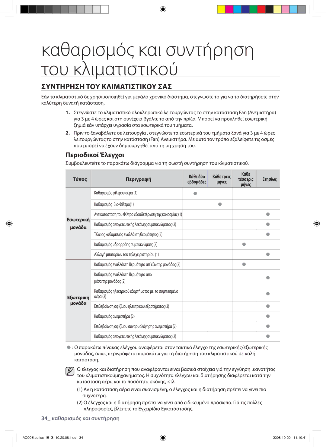 Samsung AQ09EWAX, AQ09EWAN, AQ12EWAX, AQ12EWAN manual Συντηρηση ΤΟΥ Κλιματιστικου ΣΑΣ, Περιοδικοί Έλεγχοι 