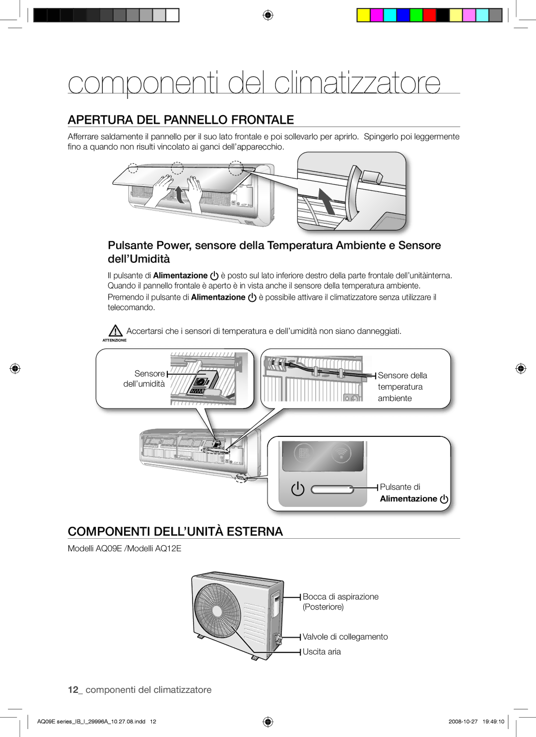 Samsung AQ09EWAX, AQ09EWAN Componenti del climatizzatore, Apertura DEL Pannello Frontale, Componenti DELL’UNITÀ Esterna 