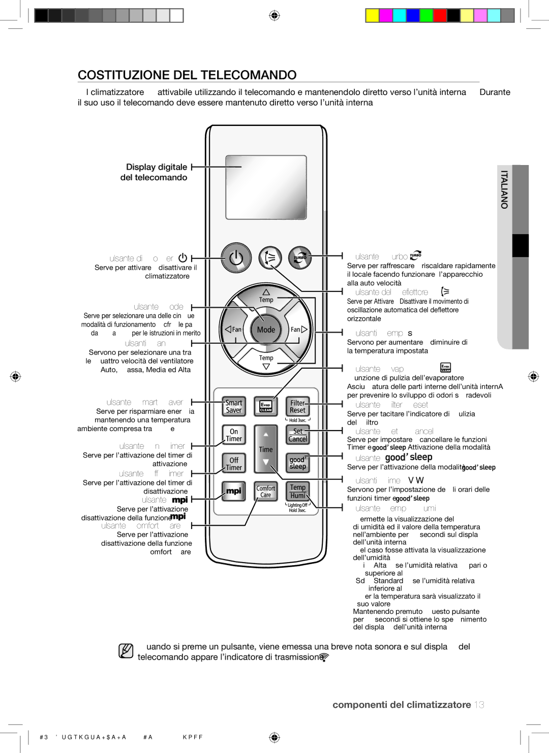 Samsung AQ09EWAN, AQ09EWAX manual Costituzione DEL Telecomando, Pulsante Mode 