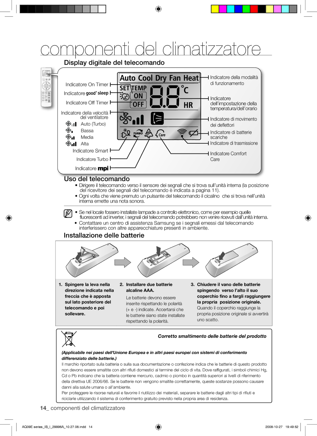 Samsung AQ09EWAX, AQ09EWAN manual Display digitale del telecomando, Uso del telecomando, Installazione delle batterie 