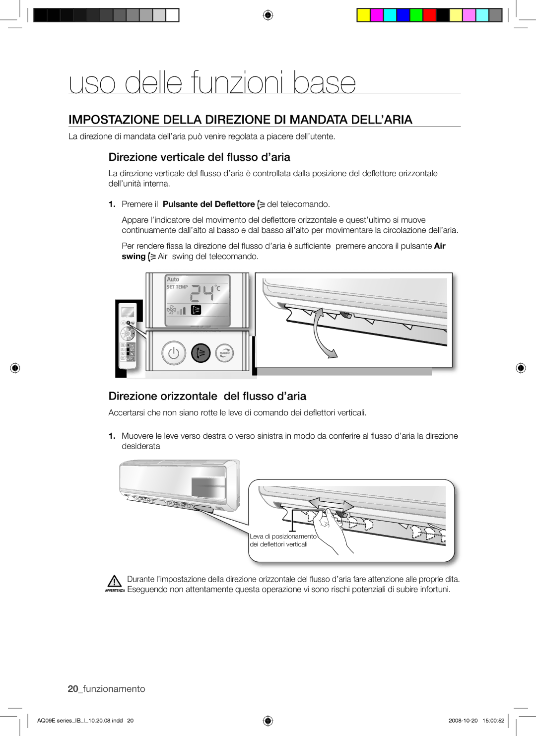 Samsung AQ09EWAX, AQ09EWAN manual Impostazione Della Direzione DI Mandata DELL’ARIA, Direzione verticale del flusso d’aria 