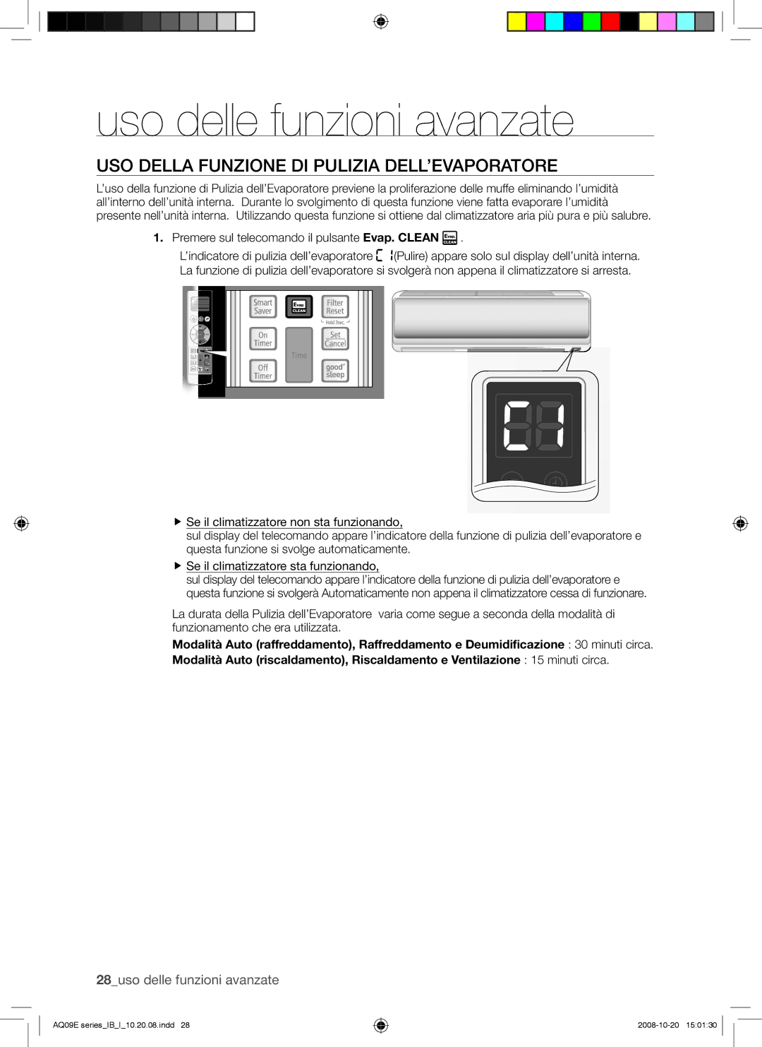 Samsung AQ09EWAX, AQ09EWAN USO Della Funzione DI Pulizia DELL’EVAPORATORE, Premere sul telecomando il pulsante Evap. Clean 